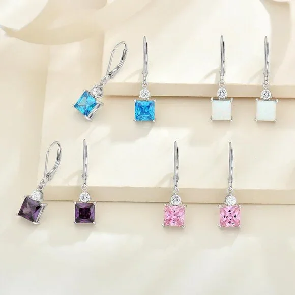 Princess Emerald Cut Dangle Earrings for Women, Solid 925 Sterling Silver 18K Wh